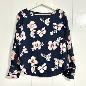 Ann Taylor Navy Floral Long Sleeve Blouse